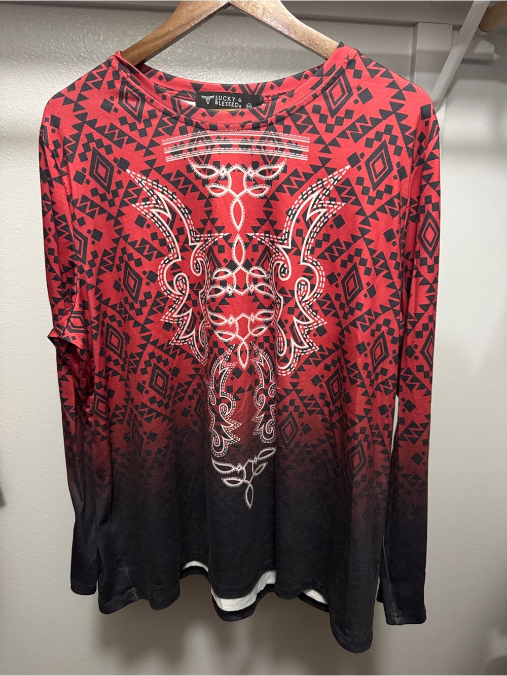 Lucky & Blessed Red and Black Aztec Ombre Long Sleeve Top
